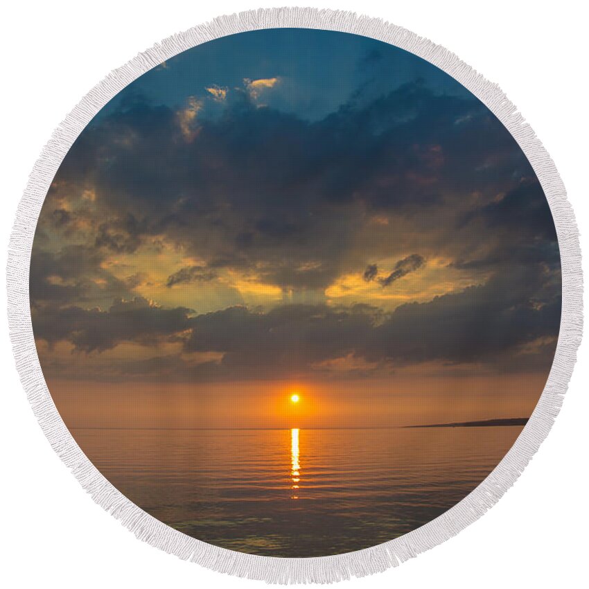 Cheryl Baxter Photography Round Beach Towel featuring the photograph Sunset on Lake Nipissing by Cheryl Baxter
