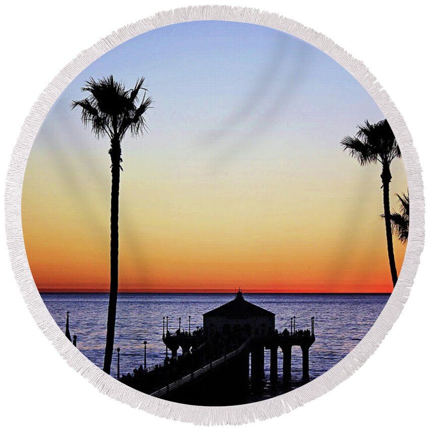 Sunset Round Beach Towel featuring the photograph Sunset On Manhattan Beach Pier by Sharon McConnell