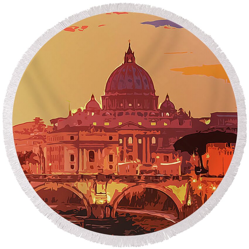 Italy Round Beach Towel featuring the painting Sunset on Rome the Eternal City by AM FineArtPrints