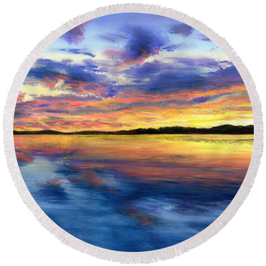 Maine Round Beach Towel featuring the drawing Sunset on Snow Pond by Shana Rowe Jackson