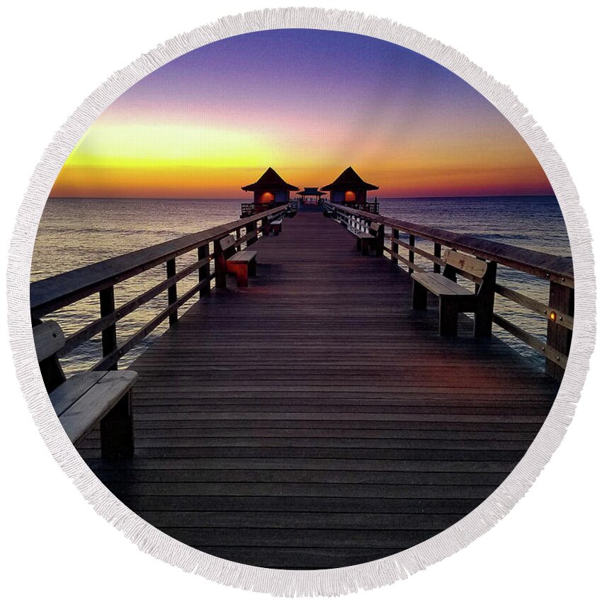 Pier Round Beach Towel featuring the photograph Sunset On The Pier by TK Goforth