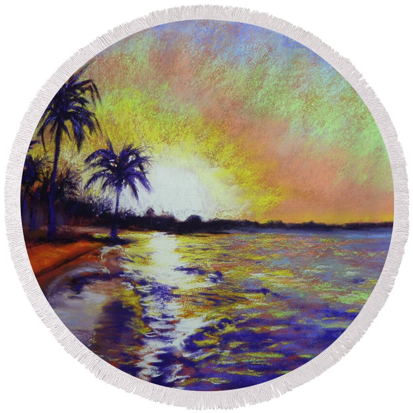 Sunset Round Beach Towel featuring the painting Sunset on the Sea by Lisa Crisman