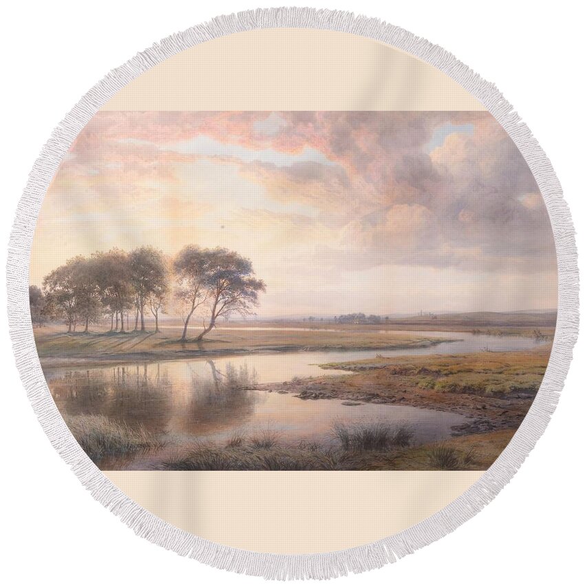 Henry Albert Hartland (1840-1893) Sunset On The Shannon Round Beach Towel featuring the painting Sunset on The Shannon by Henry Albert