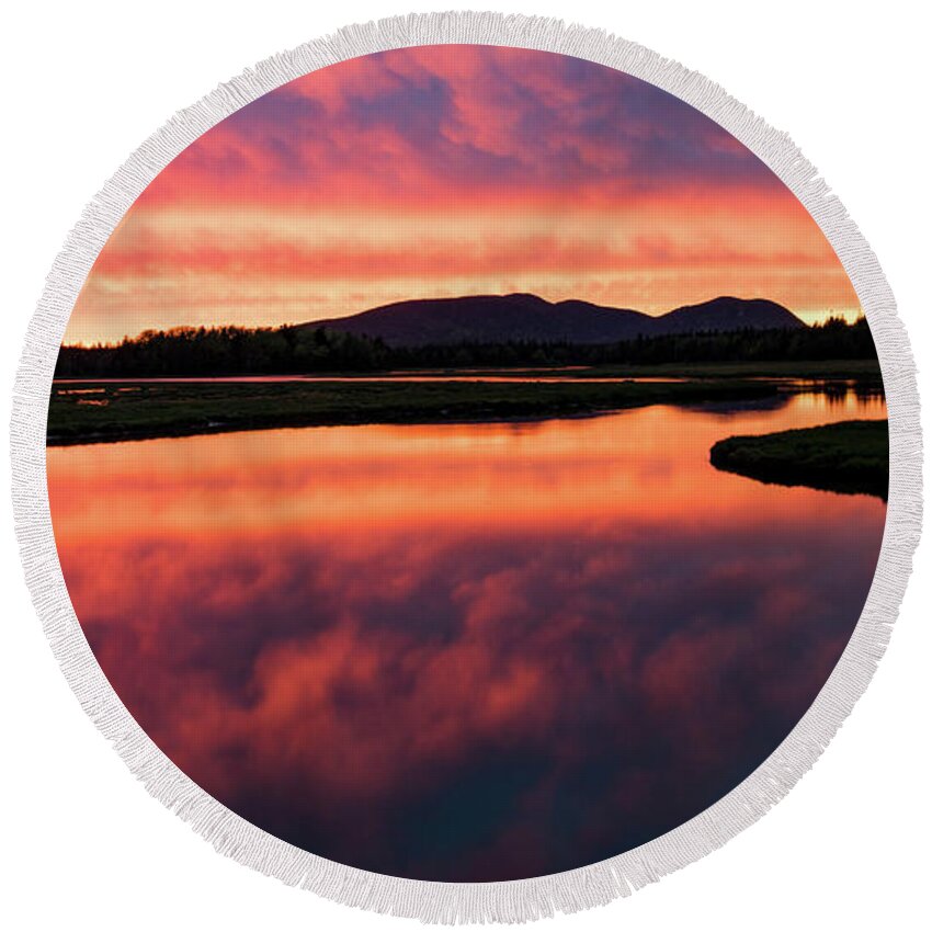 Sunset Round Beach Towel featuring the photograph Sunset over Acadia National Park by Holly Ross