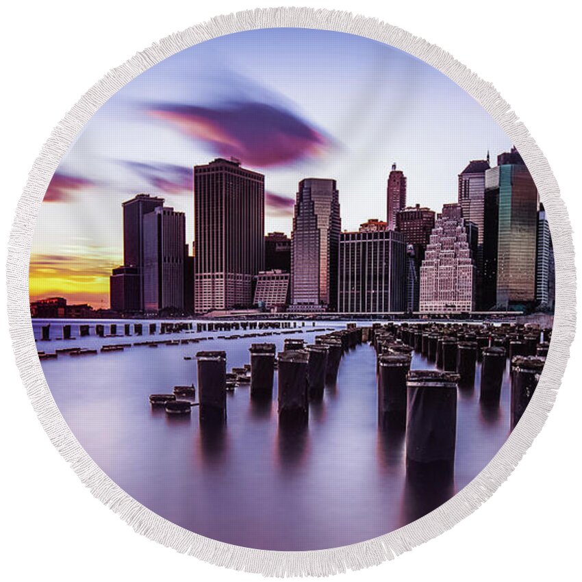 New York City Round Beach Towel featuring the photograph Sunset over Manhattan by Alissa Beth Photography