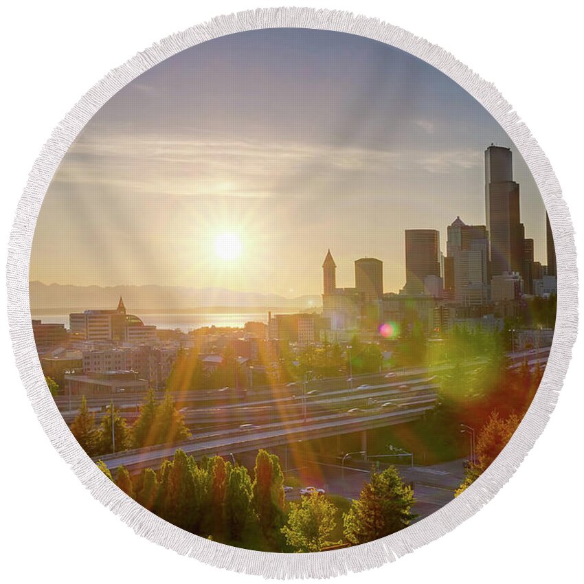 Seattle Round Beach Towel featuring the photograph Sunset over Seattle Downtown Skyline by David Gn