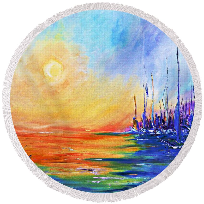 Sunset Round Beach Towel featuring the painting Sunset over the sea by Amalia Suruceanu