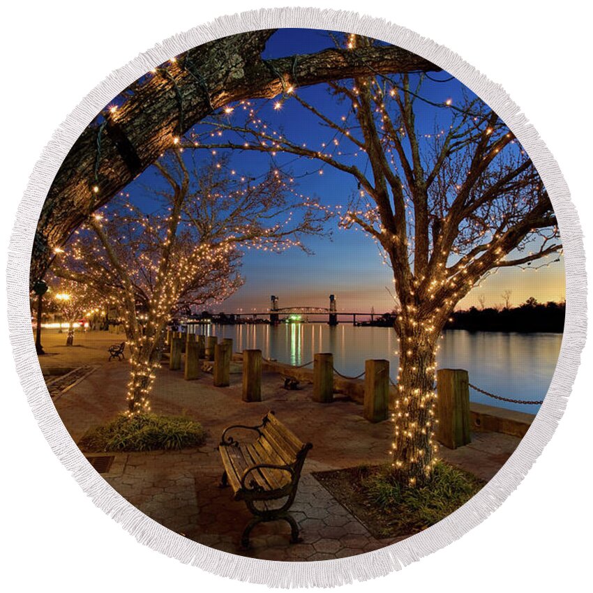 Blue Hour Round Beach Towel featuring the photograph Sunset over the Wilmington Waterfront in North Carolina, USA by Sam Antonio