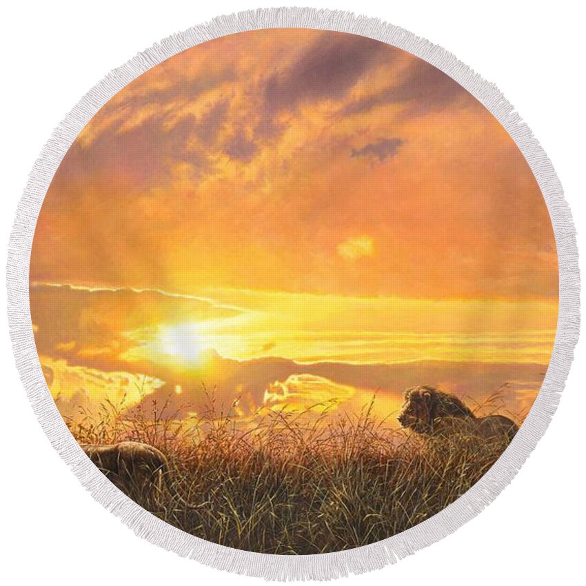 Lion Round Beach Towel featuring the painting Sunset Prowl by Alan M Hunt