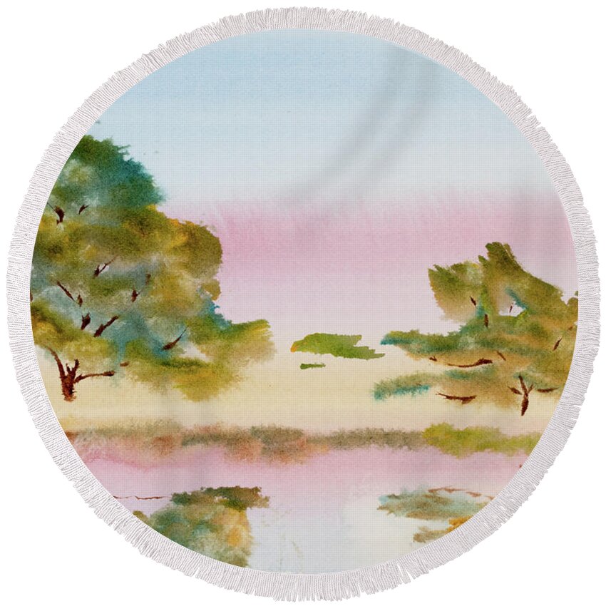 Afternoon Round Beach Towel featuring the painting Reflections at Sunrise by Dorothy Darden