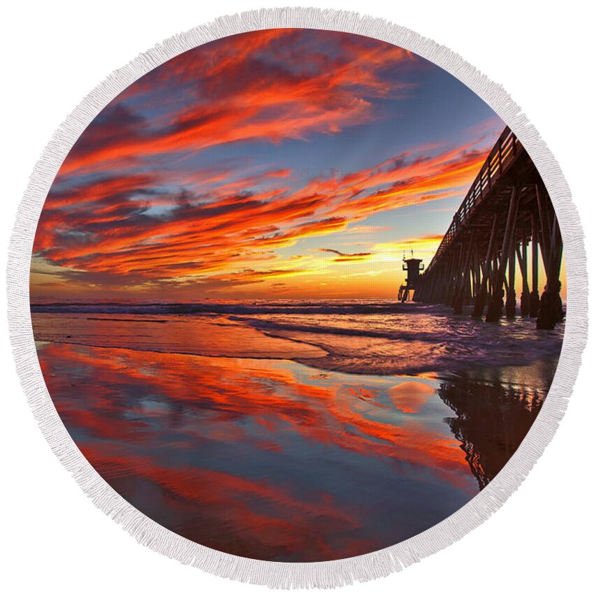 Sam Antonio Photography Round Beach Towel featuring the photograph Sunset Reflections at the Imperial Beach Pier by Sam Antonio