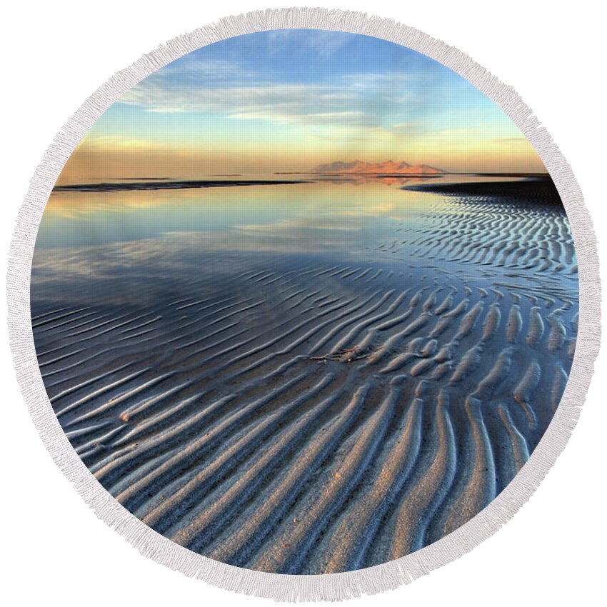 Landscape Round Beach Towel featuring the photograph Sunset Ripples and Antelope Island by Brett Pelletier