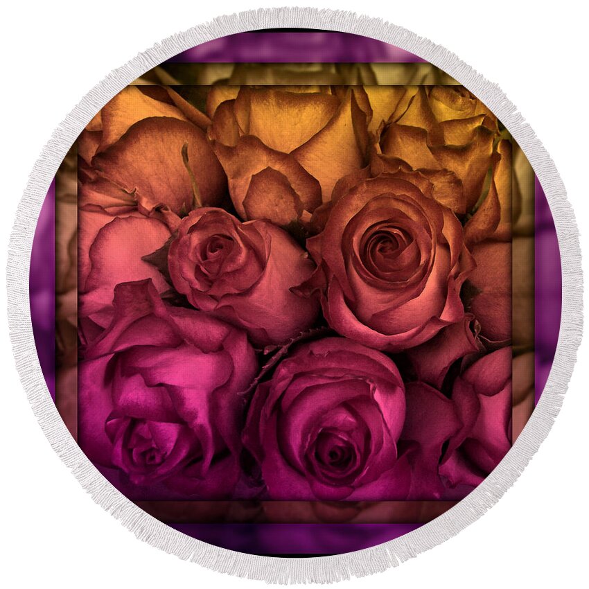 Stained Glass Round Beach Towel featuring the photograph Sunset Rose - Stained Glass Series by Miriam Danar