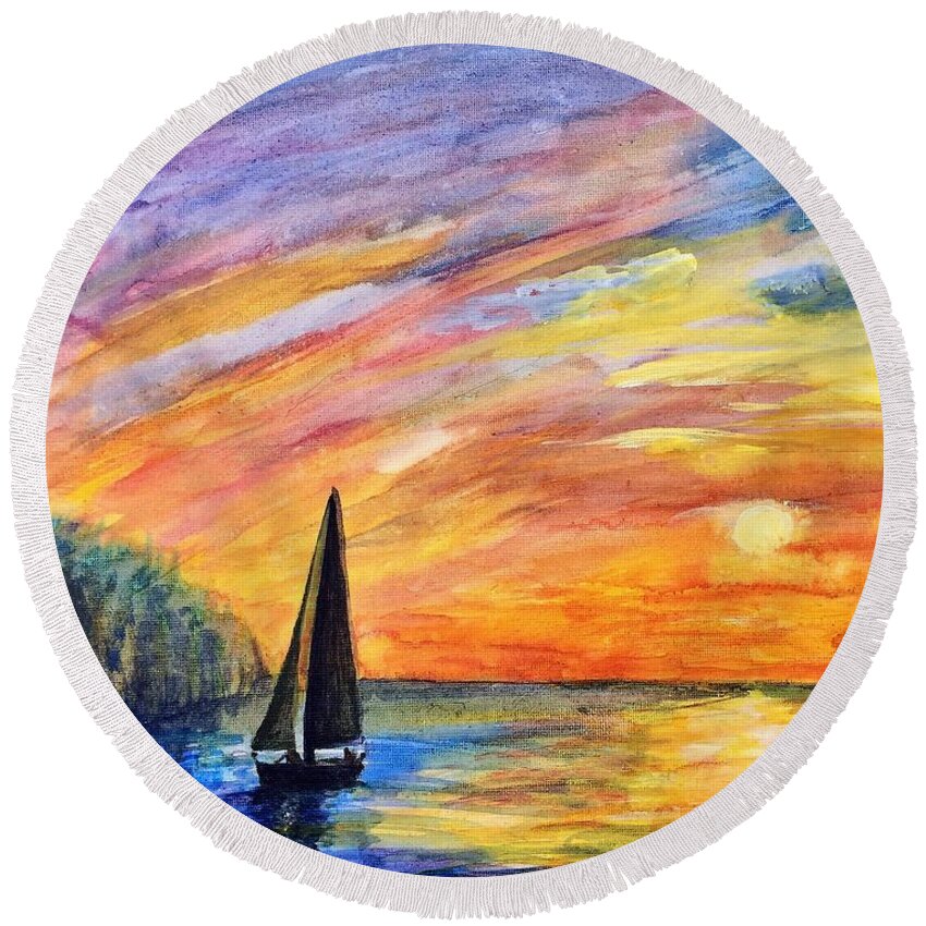 Sunset Round Beach Towel featuring the painting Sunset Sail by Deb Stroh-Larson