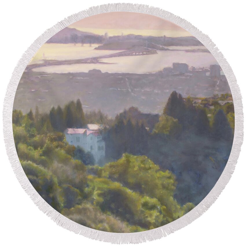 An Oil Landscape Painting Of San Francisco Bay From The Berkeley Hills In Sunset Colors. Round Beach Towel featuring the painting Sunset San Francisco Bay by Kerima Swain