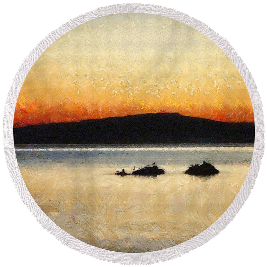 Art Round Beach Towel featuring the painting Sunset Seascape by Dimitar Hristov
