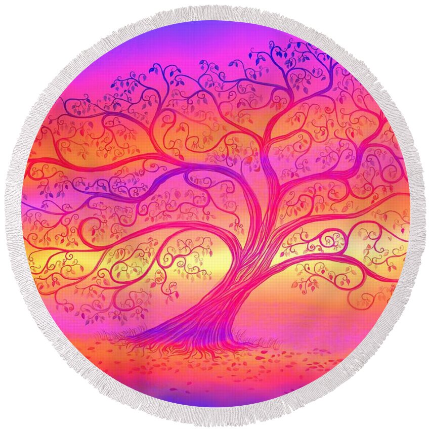 Sunset Round Beach Towel featuring the painting Sunset Tree Cats by Nick Gustafson