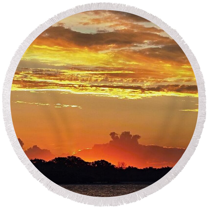 Sunnypicsoz.com Round Beach Towel featuring the photograph Sunset with high golden glow and crimson highliting and silhouet by Geoff Childs