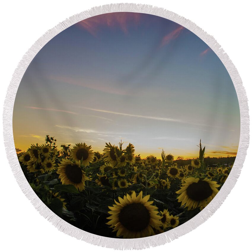Landscape Round Beach Towel featuring the photograph Sunset with Sunflowers at Andersen Farms by GeeLeesa Productions