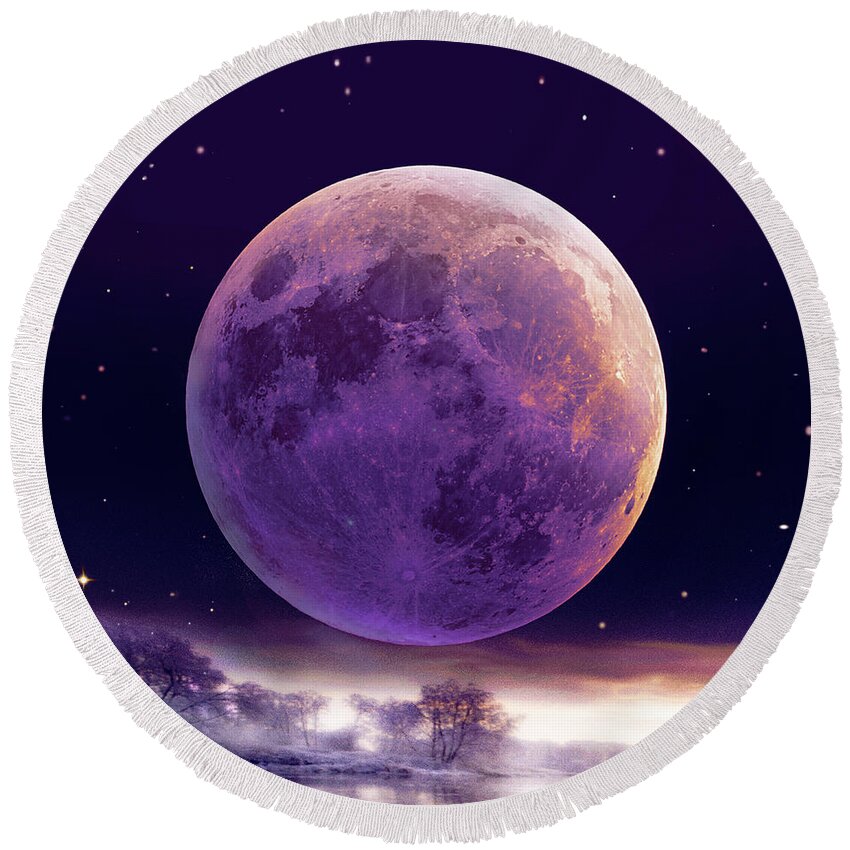 Cold Moon Round Beach Towel featuring the digital art Super Cold Moon over December by Robin Moline