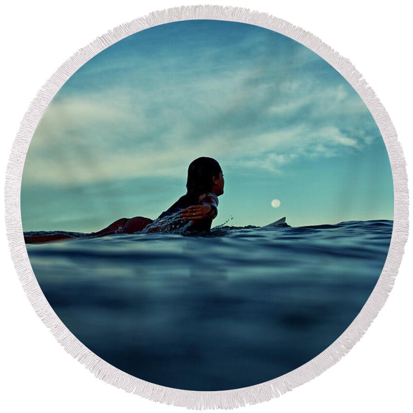 Surfing Round Beach Towel featuring the photograph Super Moon by Nik West