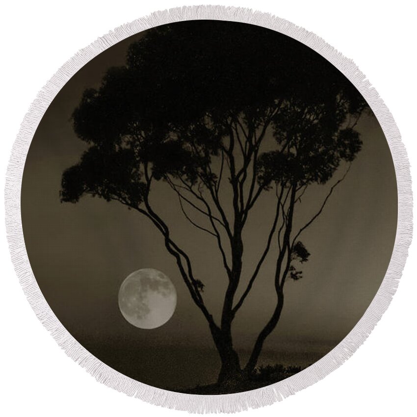 Moon Round Beach Towel featuring the mixed media Supermoon at Tree by Joseph Hollingsworth