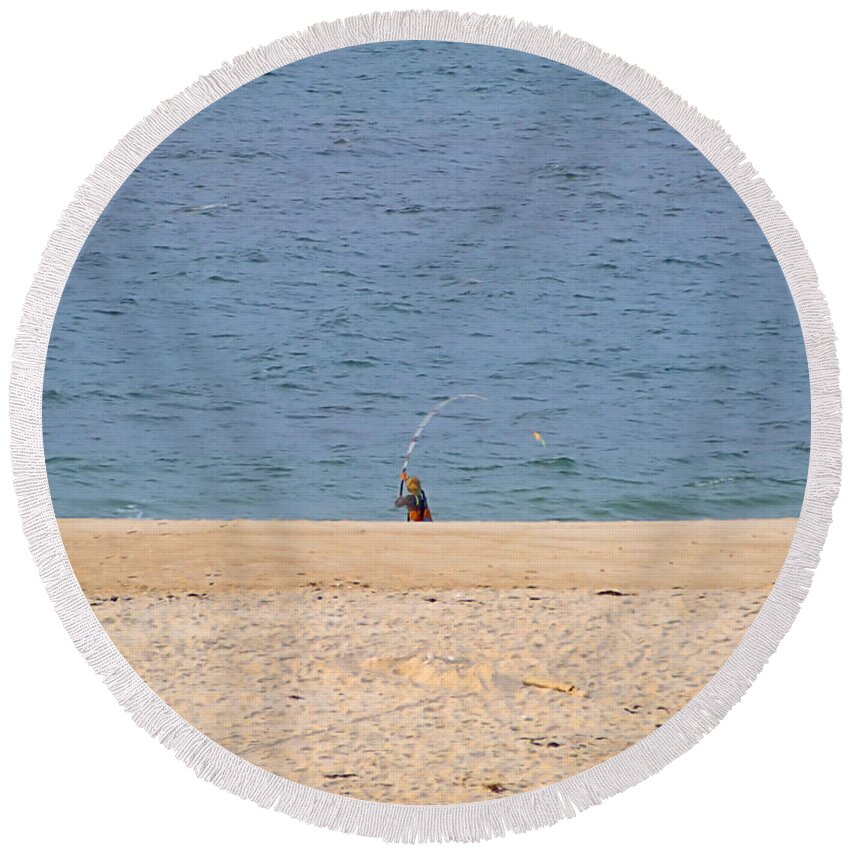 Surf Caster Round Beach Towel featuring the photograph Surf Caster by Newwwman