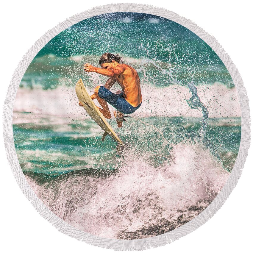 Beach Round Beach Towel featuring the photograph Surfer Air by Eye Olating Images