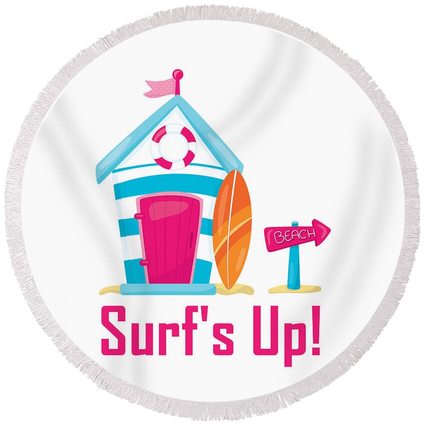 Surfer Art Round Beach Towel featuring the digital art Surfer Art - Surf's Up Cabana House To The Beach by KayeCee Spain