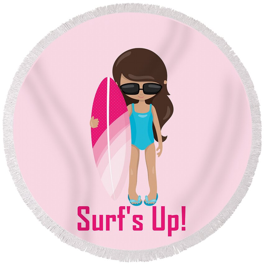 Surfer Art Round Beach Towel featuring the digital art Surfer Art Surf's Up Girl With Surfboard #18 by KayeCee Spain