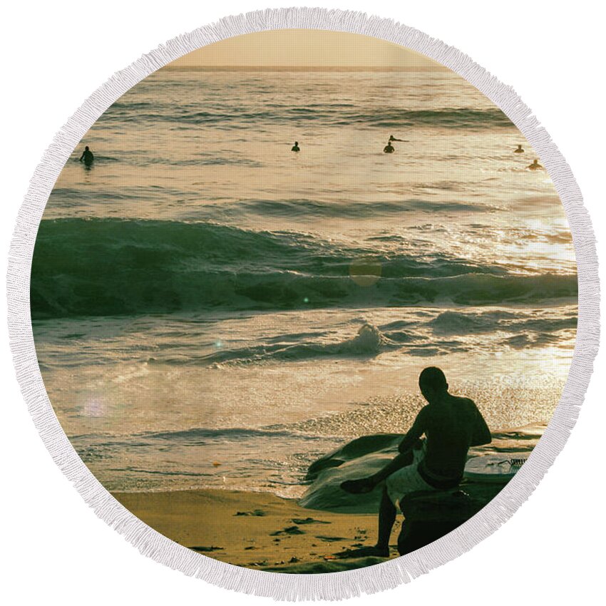La Jolla Round Beach Towel featuring the photograph Surfer Boy Sunset by Becqi Sherman