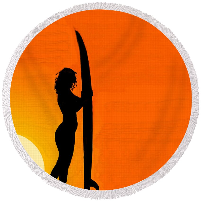Sunset Round Beach Towel featuring the painting Surfer Silhouette at Sunset by Bruce Nutting
