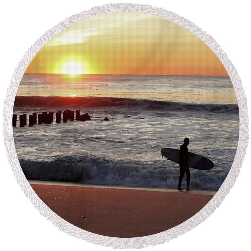 Surfboard Round Beach Towel featuring the photograph Surfer Sunrise by Kathleen McGinley
