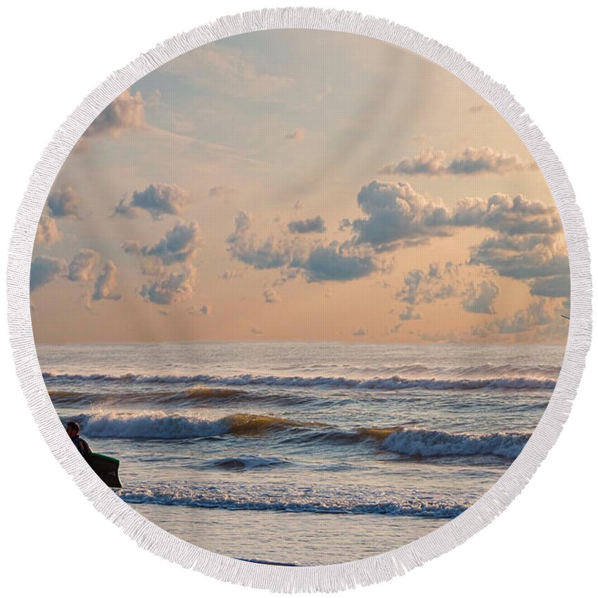 Surfing Round Beach Towel featuring the photograph Surfing At Sunrise On The Jersey Shore by Jeff Breiman