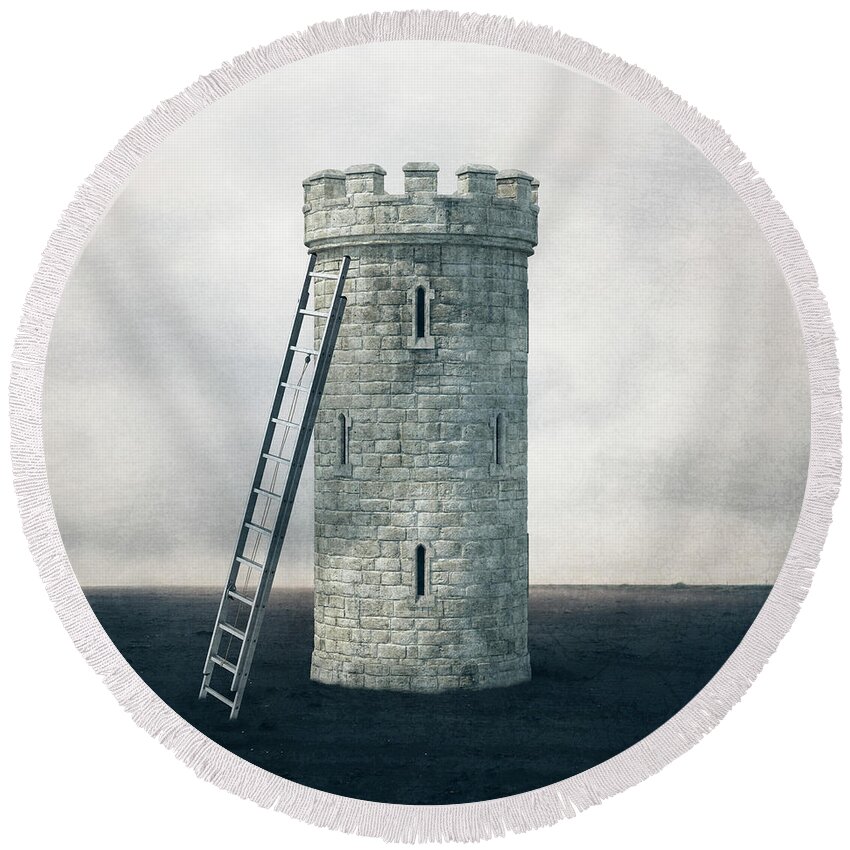 Castle Round Beach Towel featuring the digital art Surreal Landscape - Castle Tower by Edward Fielding