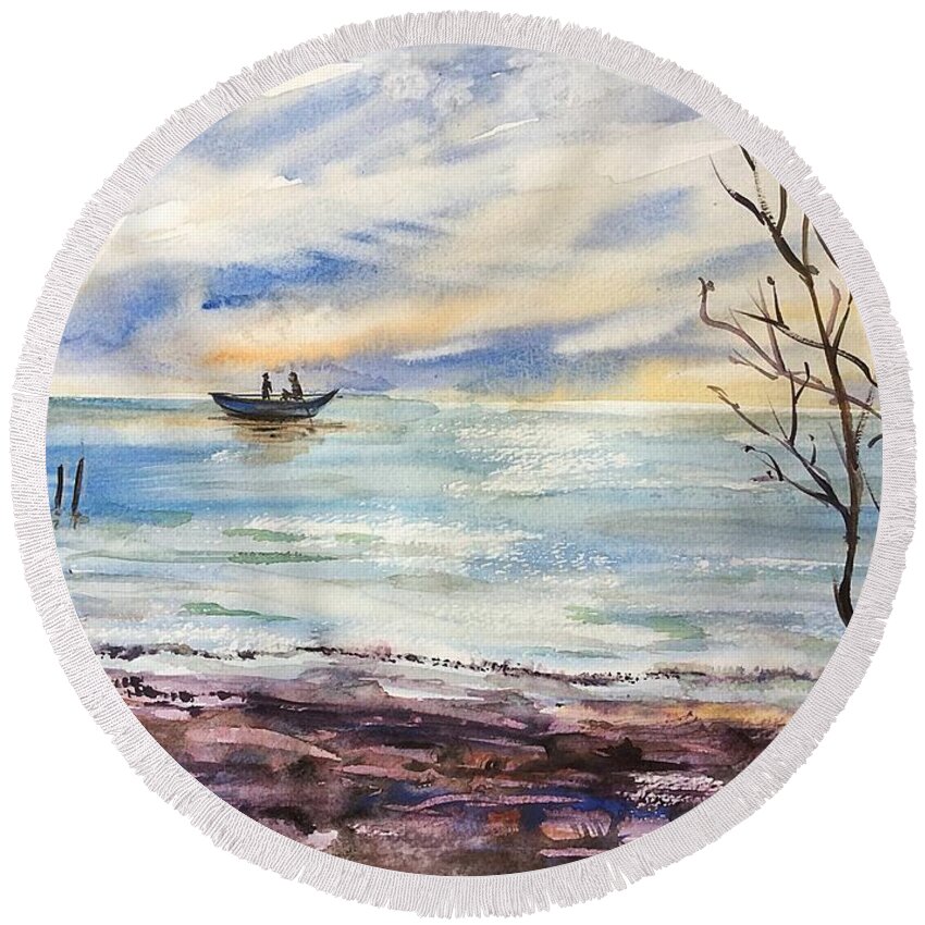 Serenity Round Beach Towel featuring the painting Suset 2 by Katerina Kovatcheva