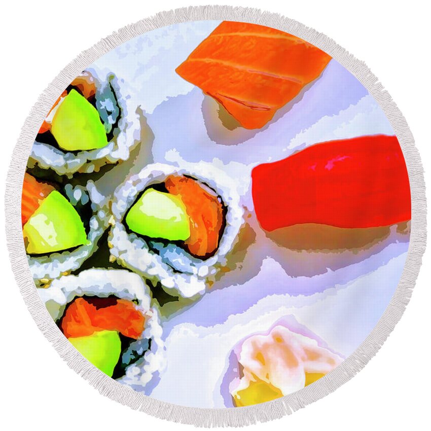 Sushi Plate Round Beach Towel featuring the mixed media Sushi Plate 6 by Dominic Piperata