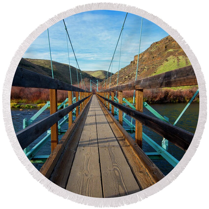 Suspension Bridge Round Beach Towel featuring the photograph Suspended by Michael Dawson