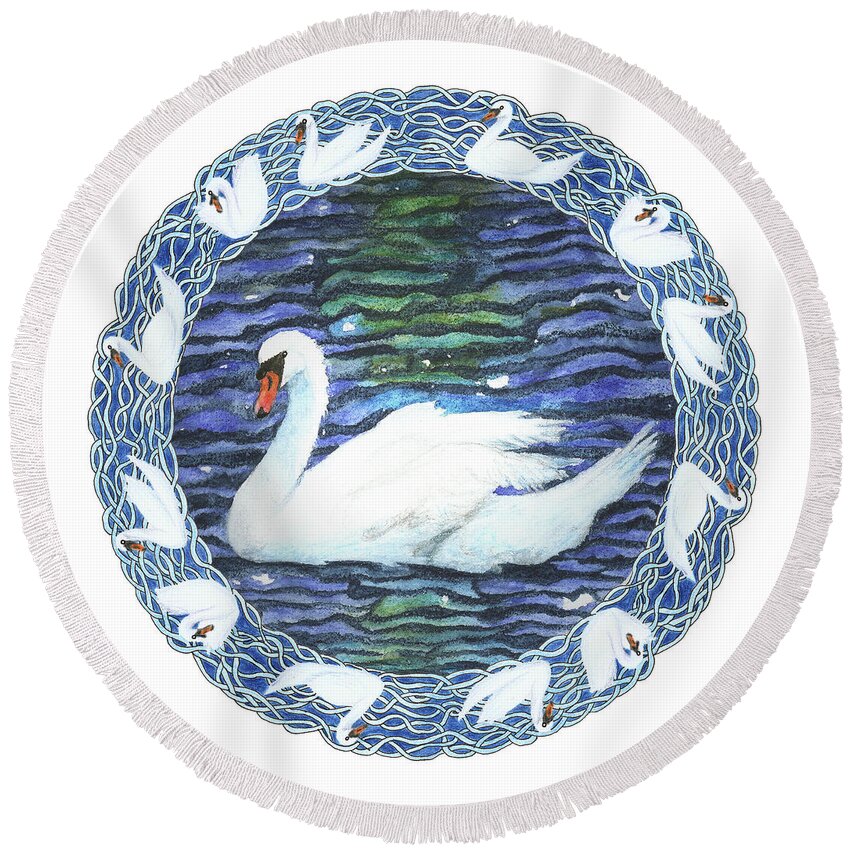 Lise Winne Round Beach Towel featuring the painting Swan with Knotted Border by Lise Winne