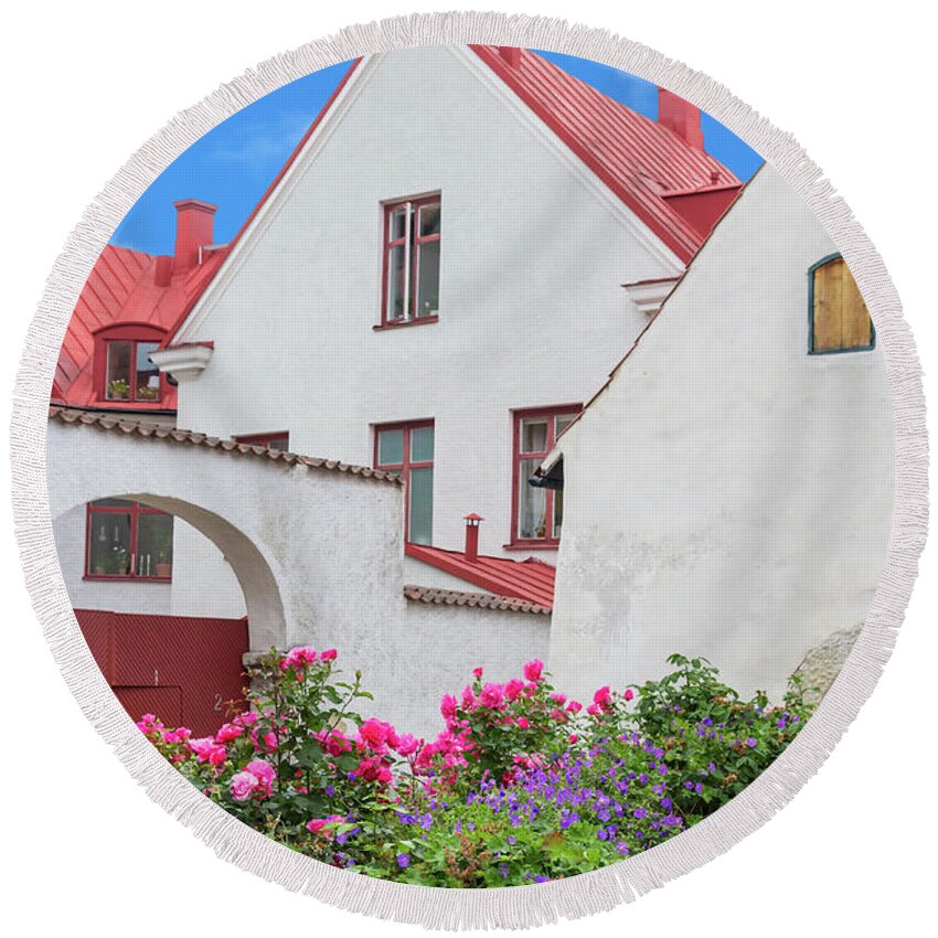 Town Round Beach Towel featuring the photograph Swedish town Visby by GoodMood Art