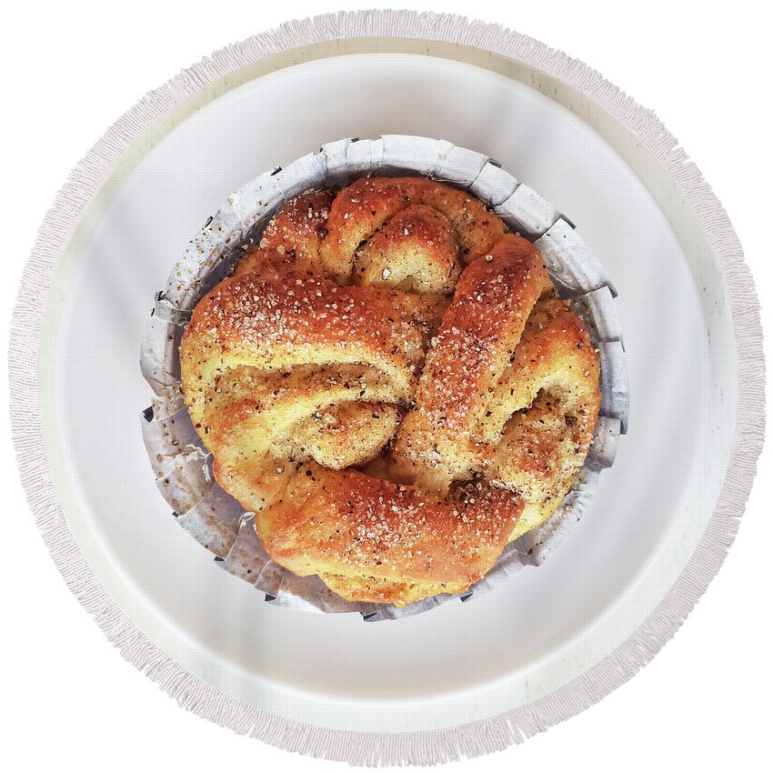 Pastry Round Beach Towel featuring the photograph Sweet cardamom bun on a plate by GoodMood Art