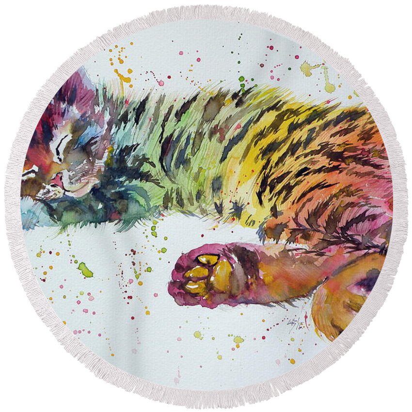Cat Round Beach Towel featuring the painting Sweet dreams by Kovacs Anna Brigitta