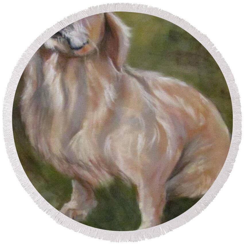 Dog Round Beach Towel featuring the pastel Sweet Golden by Barbara O'Toole