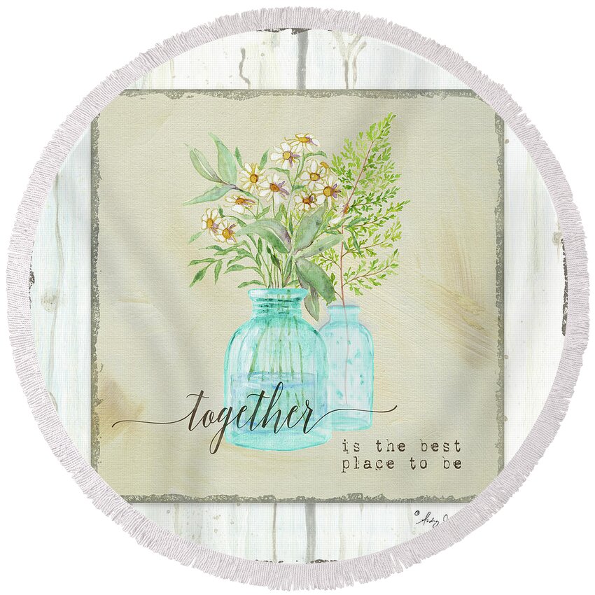 Aqua Round Beach Towel featuring the painting Sweet Life Farmhouse 2 Together Aqua Vintage Antique Bottles with Daisies Fern Frond Shiplap Wood by Audrey Jeanne Roberts