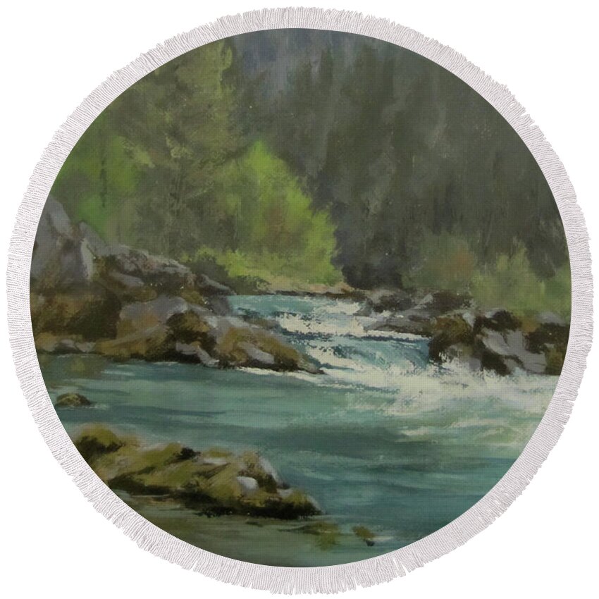 River Round Beach Towel featuring the painting Swiftwater by Karen Ilari