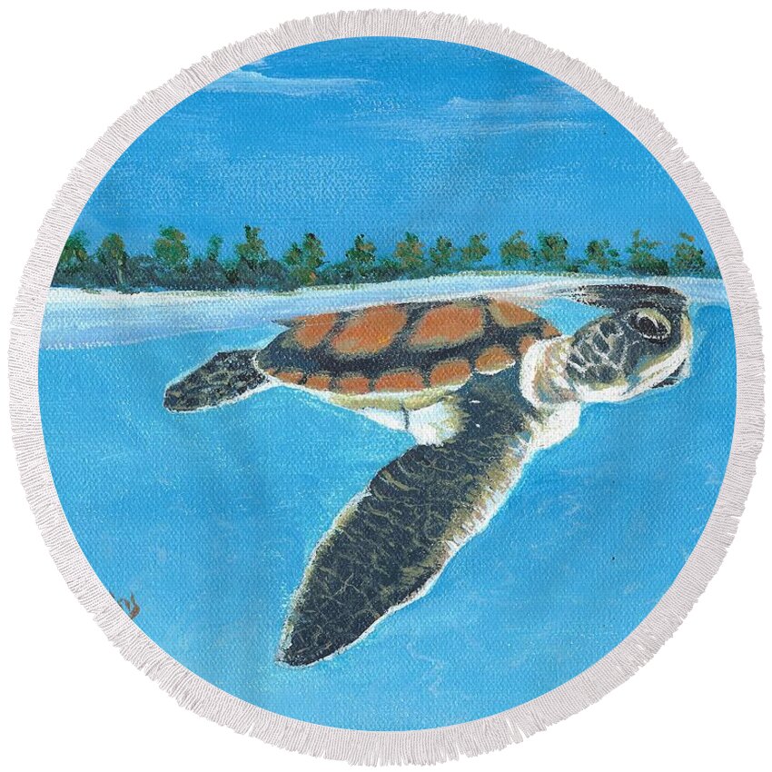 Turtle Round Beach Towel featuring the painting Swimming Lessons - Baby Turtle Near Surface by Mike Jenkins