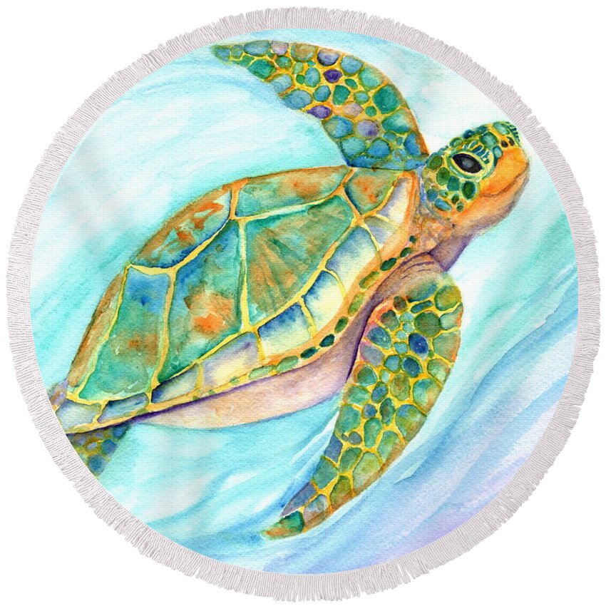 Kauai Art Round Beach Towel featuring the painting Swimming, Smiling Sea Turtle by Marionette Taboniar