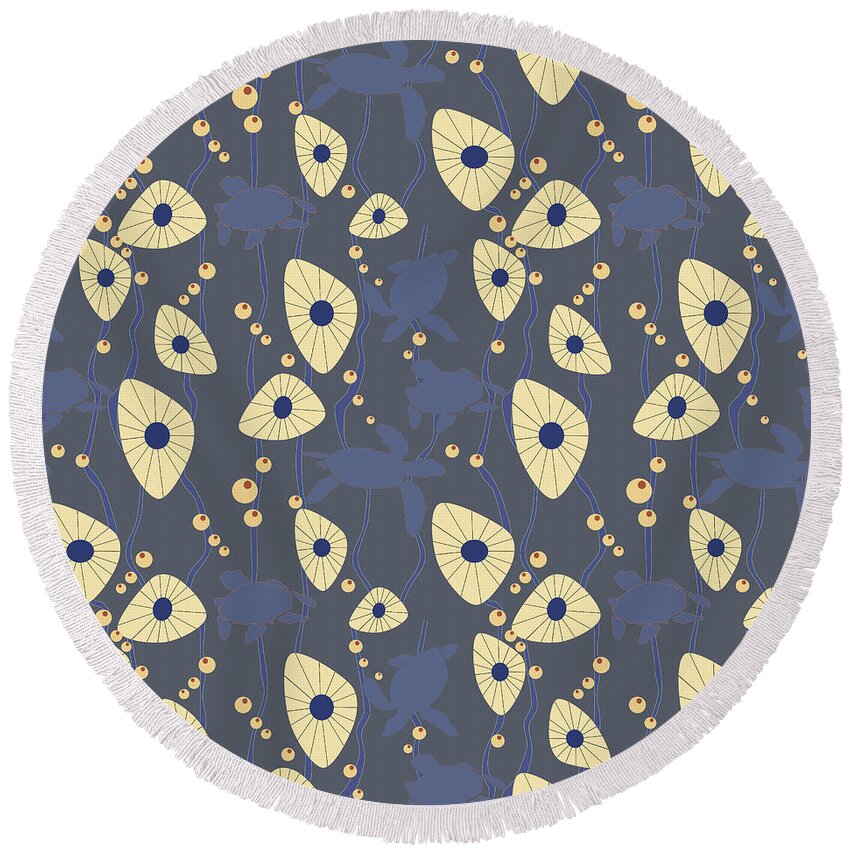 Blue Round Beach Towel featuring the digital art Swimming Turtles blue by April Burton