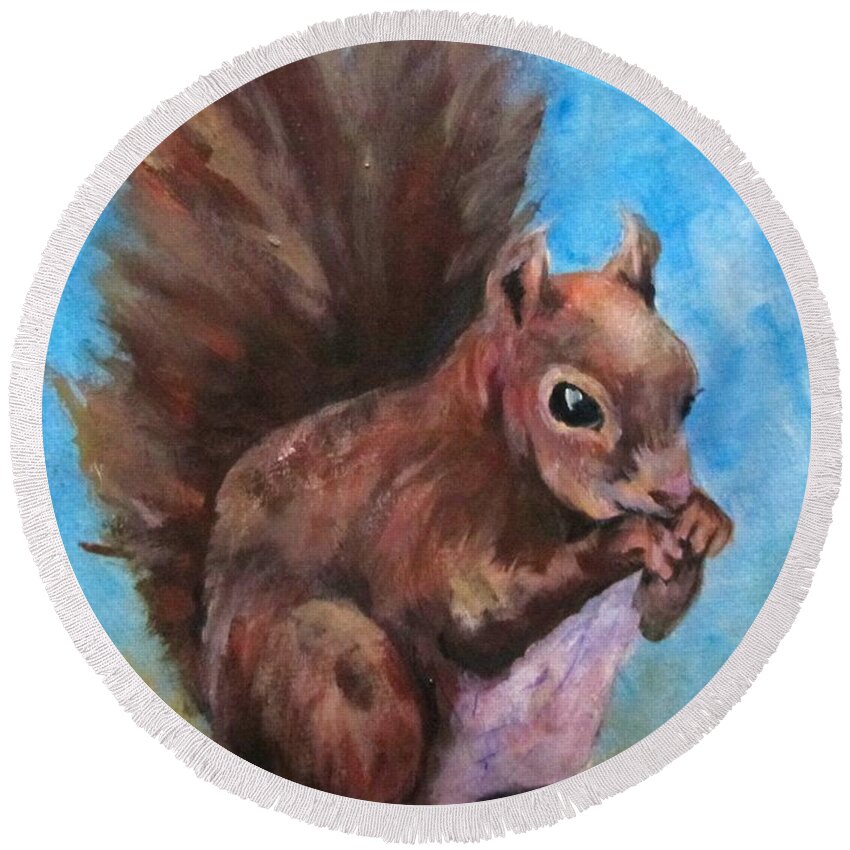Squirrel Round Beach Towel featuring the painting Sylas Saves for Winter by Barbara O'Toole