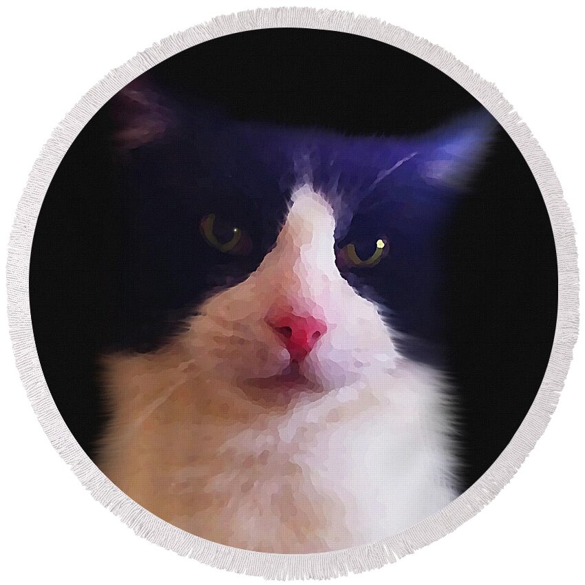 Animal Round Beach Towel featuring the mixed media Sylvester Tuxedo Cat by Shelli Fitzpatrick